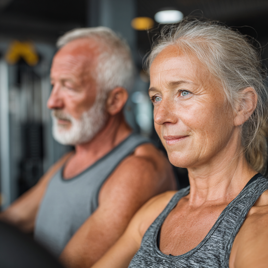 Grup de persoane mature practicând yoga în parc